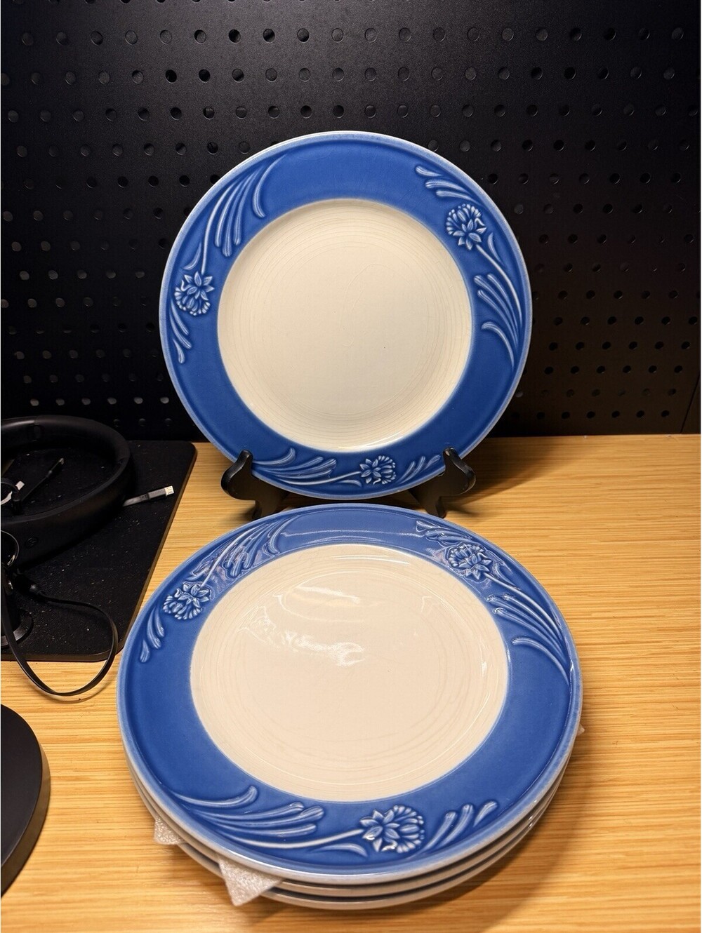 4 Vintage Lenox Poppies Rainbow Blue Dinner Plate, Raised Edge, Blue Rim, c1998